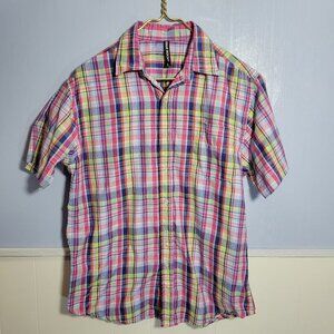 True Rock Large Pink Blue Colorful Classic Button Front Shortsleeve Casual Shirt